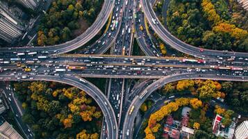 Aerial view of highway road interchange with busy urban traffic speeding on the road photo