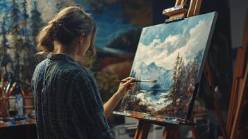 Talented artist painting in studio, using paint brush creates modern masterpiece photo