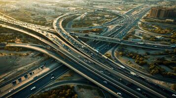 Aerial view of highway road interchange with busy urban traffic speeding on the road photo