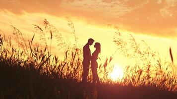 Couple sharing a romantic moment during sunset, captured in a dreamy atmosphere photo