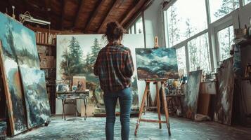 Talented artist painting in studio, using paint brush creates modern masterpiece photo
