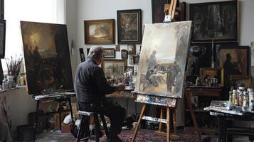 Talented artist painting in studio, using paint brush creates modern masterpiece photo
