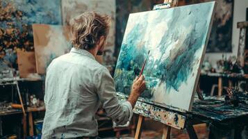 Talented artist painting in studio, using paint brush creates modern masterpiece photo
