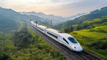 High-speed train traveling through picturesque landscape, representing fast and efficient transport photo