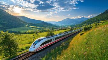 High-speed train traveling through picturesque landscape, representing fast and efficient transport photo
