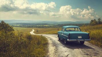Vintage car parked on scenic country road. Old retro car photo