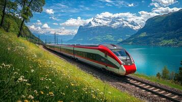 High-speed train traveling through picturesque landscape, representing fast and efficient transport photo