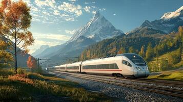High-speed train traveling through picturesque landscape, representing fast and efficient transport photo
