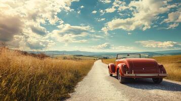 Vintage car parked on scenic country road. Old retro car photo