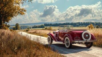 Vintage car parked on scenic country road. Old retro car photo
