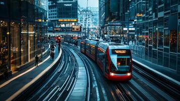 Modern tram or light rail transit. Public transportation systems in urban environments photo
