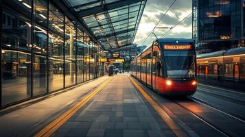 Modern tram or light rail transit. Public transportation systems in urban environments photo