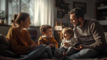 Happy parents interacting with their kids, family idyll photo