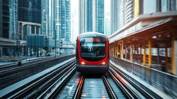 Modern tram or light rail transit. Public transportation systems in urban environments photo