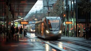 Modern tram or light rail transit. Public transportation systems in urban environments photo