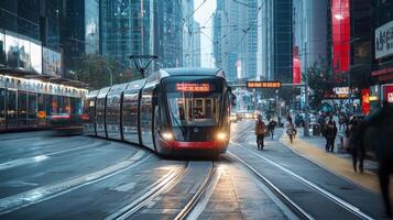 Modern tram or light rail transit. Public transportation systems in urban environments photo