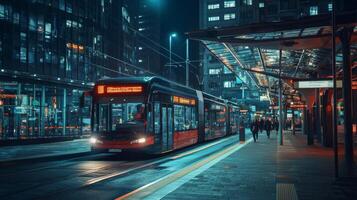 Modern tram or light rail transit. Public transportation systems in urban environments photo