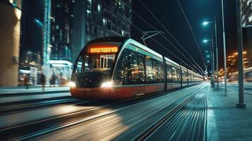 Modern tram or light rail transit. Public transportation systems in urban environments photo