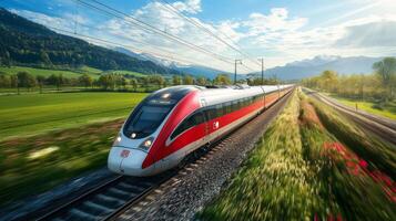 High-speed train traveling through picturesque landscape, representing fast and efficient transport photo