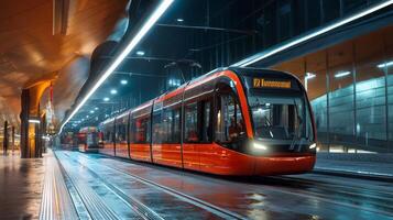 Modern tram or light rail transit. Public transportation systems in urban environments photo