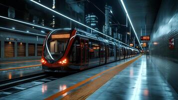 Modern tram or light rail transit. Public transportation systems in urban environments photo