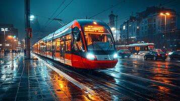 Modern tram or light rail transit. Public transportation systems in urban environments photo