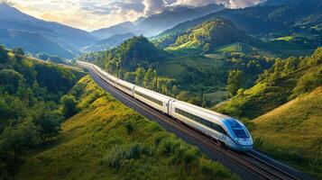 High-speed train traveling through picturesque landscape, representing fast and efficient transport photo