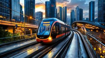 Modern tram or light rail transit. Public transportation systems in urban environments photo