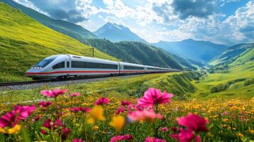 High-speed train traveling through picturesque landscape, representing fast and efficient transport photo