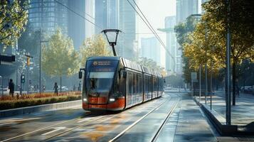 Modern tram or light rail transit. Public transportation systems in urban environments photo