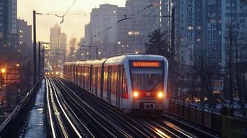 Modern tram or light rail transit. Public transportation systems in urban environments photo