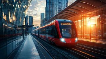 Modern tram or light rail transit. Public transportation systems in urban environments photo