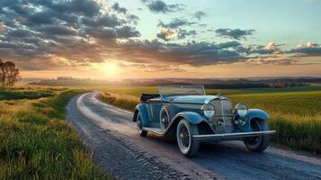 Vintage car parked on scenic country road. Old retro car photo
