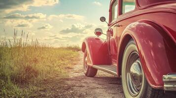 Vintage car parked on scenic country road. Old retro car photo