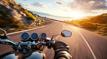 A captivating motorcycle ride along a scenic coastal road during a vibrant sunset, First person view photo