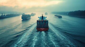 Aerial view cargo ships navigating through busy shipping channel. Global flow of goods and commerce photo