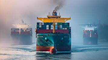 Aerial view cargo ships navigating through busy shipping channel. Global flow of goods and commerce photo