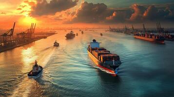 Aerial view cargo ships navigating through busy shipping channel. Global flow of goods and commerce photo