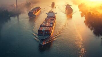 Aerial view cargo ships navigating through busy shipping channel. Global flow of goods and commerce photo