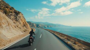 Motorcyclist cruising along coastal highway. A biker enjoying a solitary ride on a coastal road photo
