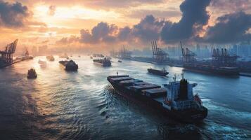 Aerial view cargo ships navigating through busy shipping channel. Global flow of goods and commerce photo