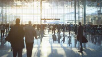 Crowd of travelers walking quickly through a busy airport terminal. A bustling airport terminal photo