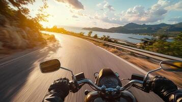 A captivating motorcycle ride along a scenic coastal road during a vibrant sunset, First person view photo