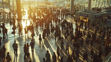 Crowd of travelers walking quickly through a busy airport terminal. A bustling airport terminal photo