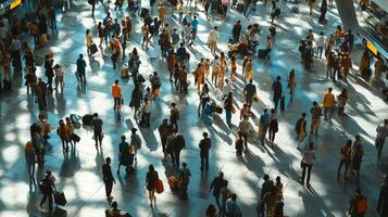 Crowd of travelers walking quickly through a busy airport terminal. A bustling airport terminal photo