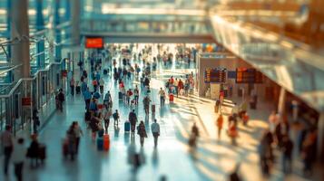 Crowd of travelers walking quickly through a busy airport terminal. A bustling airport terminal photo