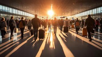 Crowd of travelers walking quickly through a busy airport terminal. A bustling airport terminal photo