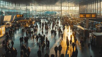 Crowd of travelers walking quickly through a busy airport terminal. A bustling airport terminal photo