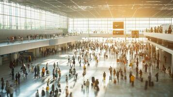 Crowd of travelers walking quickly through a busy airport terminal. A bustling airport terminal photo
