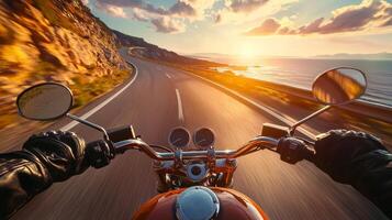 A captivating motorcycle ride along a scenic coastal road during a vibrant sunset, First person view photo
